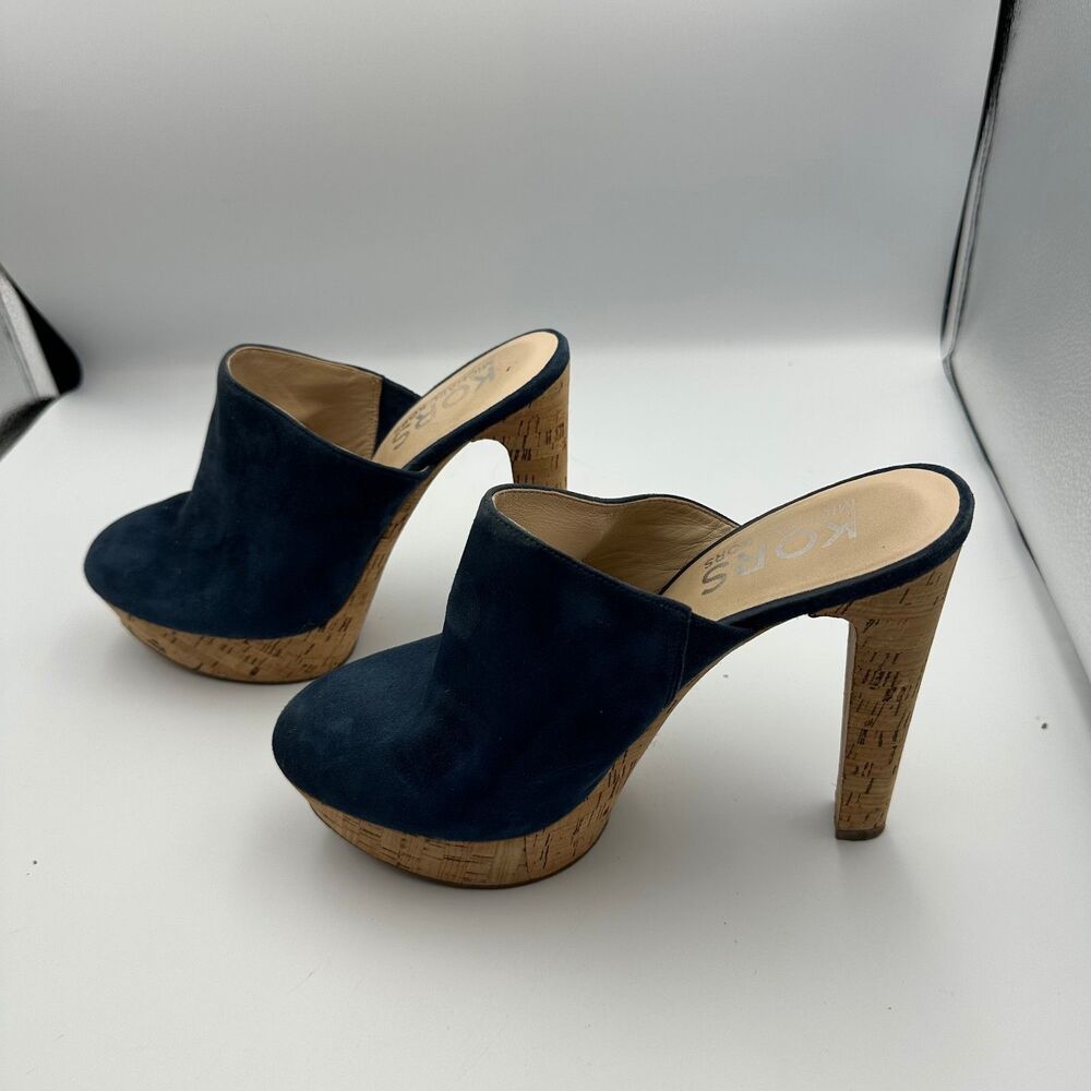MICHAEL KORS Navy Suede Platform Mules Heels Cork Womens 9.5M AAI2J
